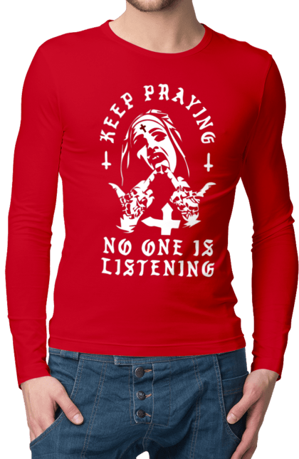 Чоловічий лонгслів з принтом "Монашка фак". Крута, метал, модна, молодіжна, ніхто не слухає, продовжуй молитися, рок, стильна, фак, черниця. 2070702