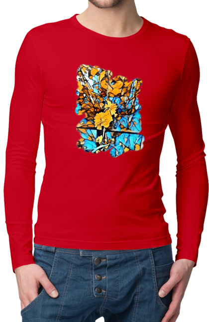 Чоловічий лонгслів з принтом "Жовті квіти на синьому фоні". Арт, жовтий та синій, жовті квіти, жовто-синій, квіти, малюнок, природа, синій та жовтий, синьо-жовтий. 2070702