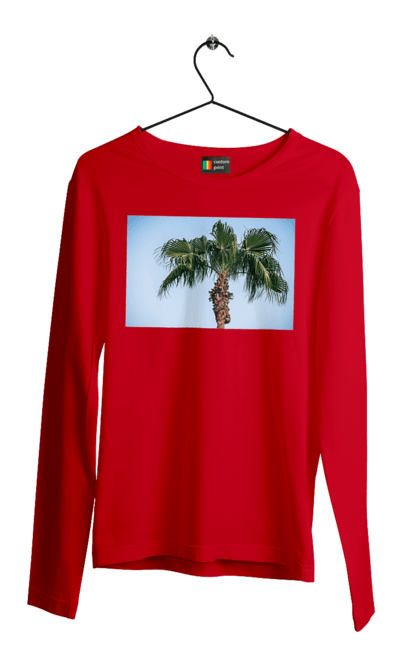Чоловічий лонгслів з принтом "Пальма на тлі неба". Берег, блакитне, відпочинок, відпустку, єгипет, зелений, зелені, лист, листя, море, небо, оазис, океан, острів, пальма, південь, подорож, пригоди, тропіки, туреччина. 2070702