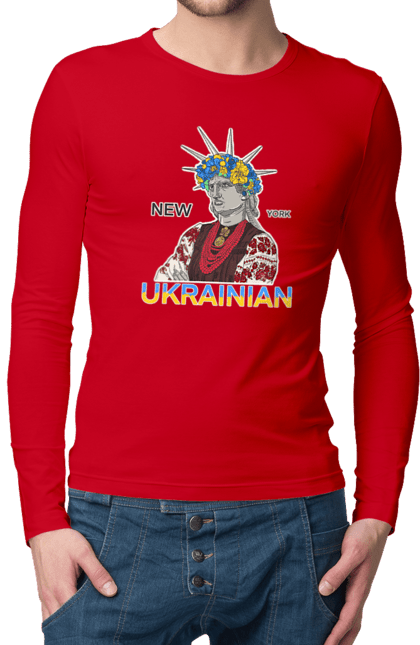 Чоловічий лонгслів з принтом "UA & NY". Вишиванка, вінок, нью йорк, статуя свободи, україна. 2070702