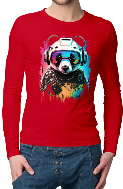 Men`s longsleeve with prints Panda in VR Helmet. Character, geek, helmet, panda, virtual reality. 2070702