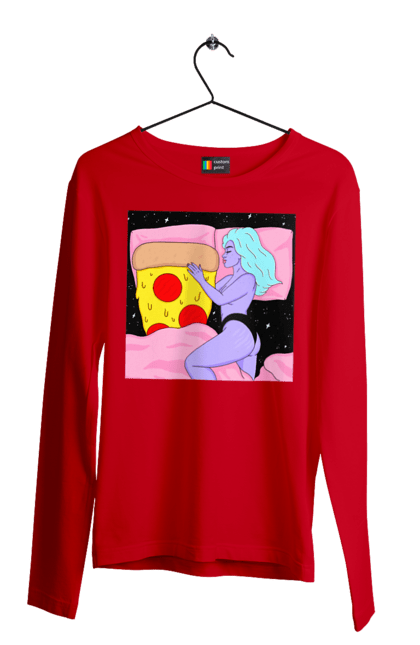 Чоловічий лонгслів з принтом "Фіолетова Дівчина І Піца". Дівчина, ліжко, піца. 2070702