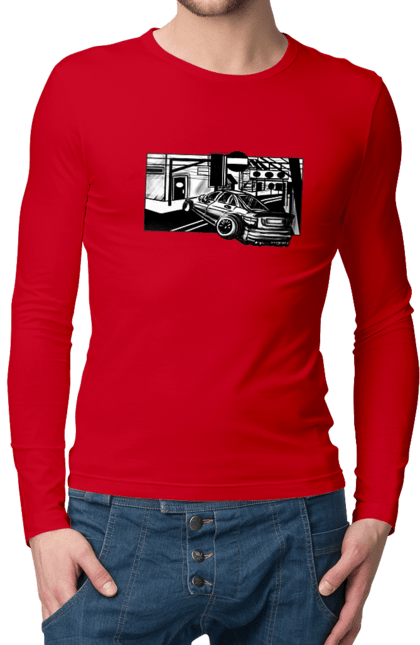 Чоловічий лонгслів з принтом "Небезпечний Автомобіль на дорогах вулиць". Автомобіль, гонки, машина, небезпечний, чорно білий, швидкий. 2070702