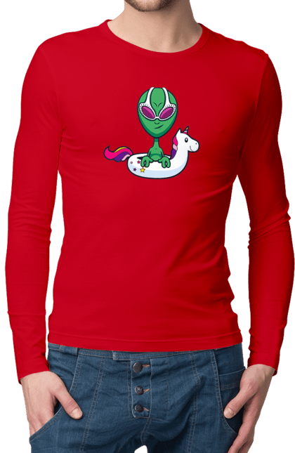 Men`s longsleeve with prints Alien Floats In A Circle. Alien, inflatable circle, to swim. 2070702