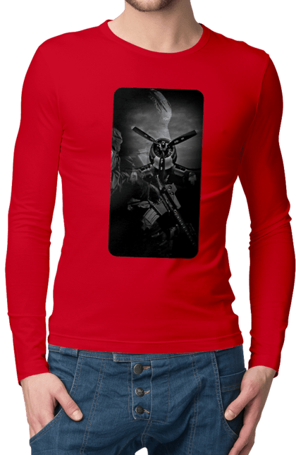 Чоловічий лонгслів з принтом "Слава зсу". Гвинтівка, зброя, літак, перемога, солдат, україна. 2070702