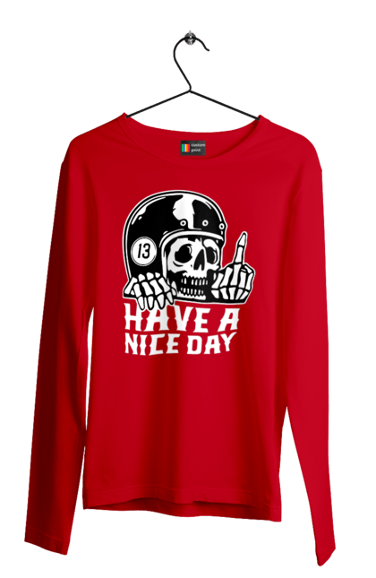 Чоловічий лонгслів з принтом "Гарного дня". Байкерська, гарного дня, з черепом, тринадцять, фак, череп. 2070702