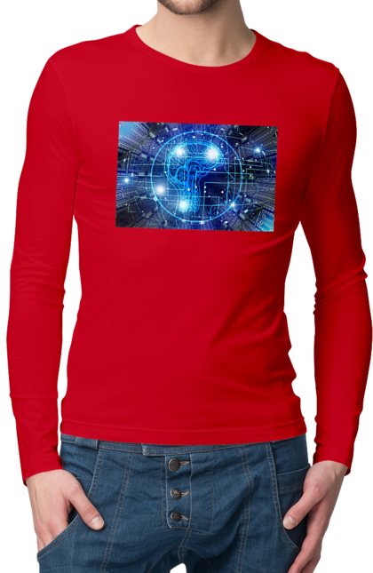 Чоловічий лонгслів з принтом "Штучний інтелект". Айті, айтішник, гік, знання, інженер, інтелект, кібер, кібернетика, кіборг, код, комп, комп`ютерник, кристал, машинне навчання, мікросхема, мозок, портрет, програміст, професіонал, професія, розробник, розум, хакер, чіп, штучний інтелект, штучний розум. 2070702