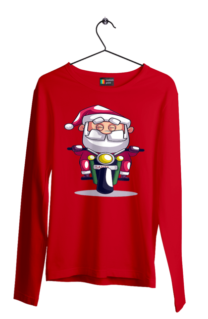 Men`s longsleeve with prints Happy Santa on a motorcycle. 2022, christmas, motorcycle, new year, santa, santa claus, snow, winter. 2070702