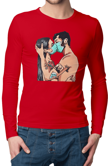 Мужской лонгслив с принтом Коронавирусная Любовь. Карантин, коронавирус, любовь, маска, поцелуй. 2070702