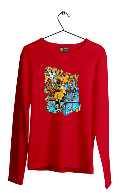 Чоловічий лонгслів з принтом "Жовті квіти на синьому фоні". Арт, жовтий та синій, жовті квіти, жовто-синій, квіти, малюнок, природа, синій та жовтий, синьо-жовтий. 2070702