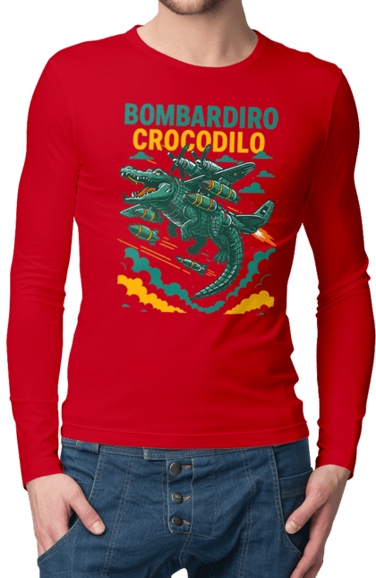 Чоловічий лонгслів з принтом "Bombardino Crocodilo". Bombardino, bombardino crocodilo, crocodilo, бомбардіно крокоділо, крокодил, крокодил літак, крокодил мем, мем, мем бомбардине крокодило. 2070702