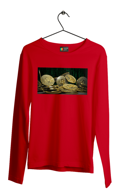 Men`s longsleeve with prints Bitcoin. Bitcoin, coin, cryptocurrency, currency, digital world, luxury, matrix, mining, money, wealth, well. 2070702