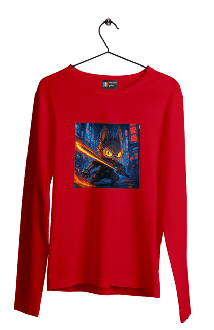 Чоловічий лонгслів з принтом "Лабубу". Аніместиль, дія, катана, кіберніндзя, кіберпанк, лабубу, меч, неонове місто, очі` що світяться. 2070702