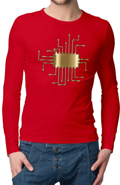 Мужской лонгслив с принтом Золотой Чип. Айти, айтишник, гик, золото, золотой, инженер, кибернетика, код, комп, компьютер, кристалл, микросхема, программист, профессия, разработчик, чип. 2070702