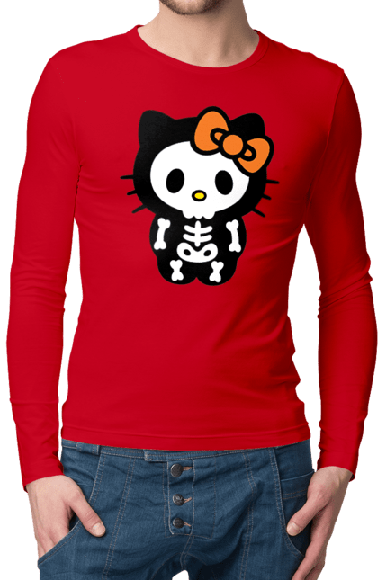 Чоловічій лонгслів з принтом "Хелло Кітті Хелловін". Halloween, hello kitty, zombie, бренд, зомбі, кошеня, персонаж, скелет, хелло кітті, хелловін. 2070702