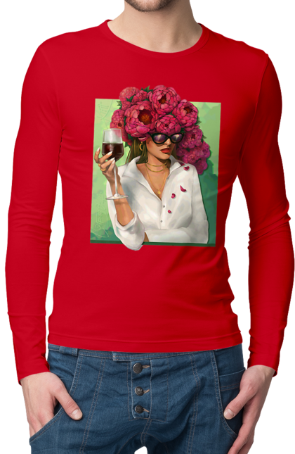 Men`s longsleeve with prints Girl with peonies and a glass. Flower, girl, glasses, goblet, peonies, shirt, summer, wine. 2070702