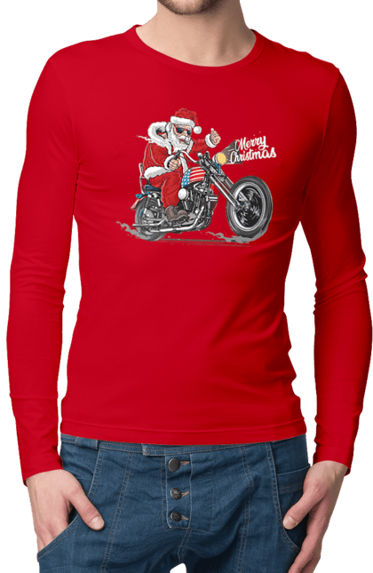 Men`s longsleeve with prints Santa in glasses on a motorcycle. Biker, christmas, merry christmas, motorcycle, new year, santa, santa claus, snow, winter. 2070702