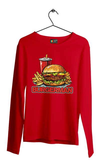 Чоловічий лонгслів з принтом "Burgerman". Бургер, для чоловіків, їжа, літні, макдональдс, прикольні, трендові, фаст фуд, чоловічі. 2070702