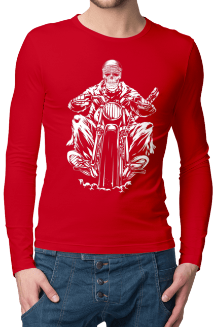 Men`s longsleeve with prints Skull on a motorcycle. Biker, motorcycle, skeleton, skull. 2070702