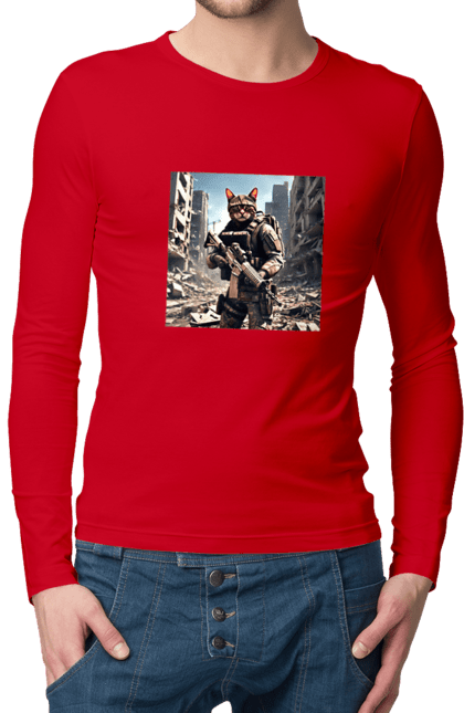 Чоловічий лонгслів з принтом "Кіт десантник". Бронежилет, війна, військовий, гвинтівка, захисник, камуфляж, кіт, рушниця. 2070702