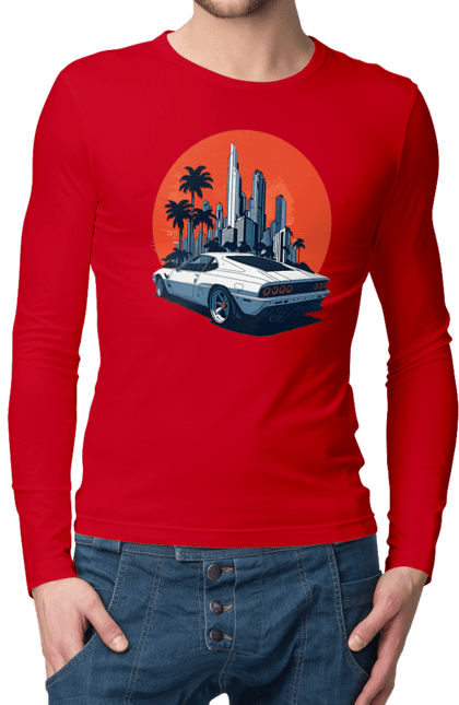 Чоловічий лонгслів з принтом "Авто". Гонка, захід сонця, спортивний автомобіль, швидкість. 2070702