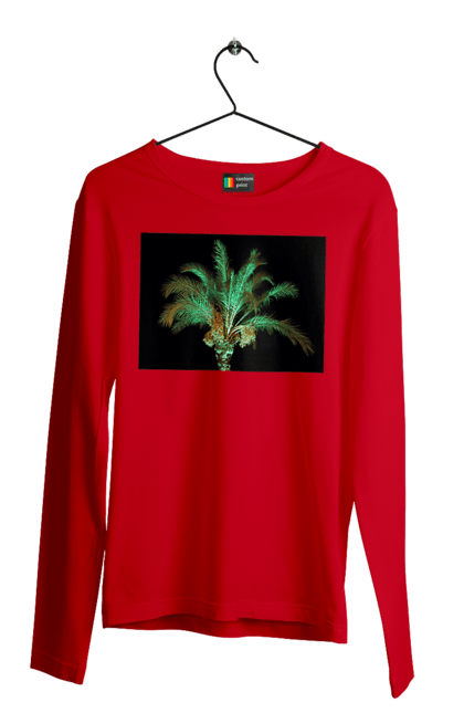 Чоловічий лонгслів з принтом "Фінікова Пальма Вночі". Берег, відпочинок, відпустка, зелений, море, ніч, оазис, океан, острів, пальма, південь, подорож, пригоди, тропіки, фінікова, чорне. 2070702