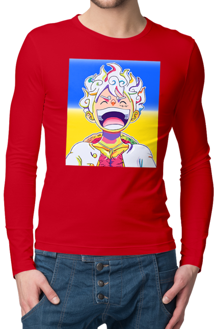 Чоловічий лонгслів з принтом "Монкі д Луффі сміється на жовто блактному фоні". Ван піс, луффі, монкі д. луффі, прапор україни, символ україни, україна. 2070702