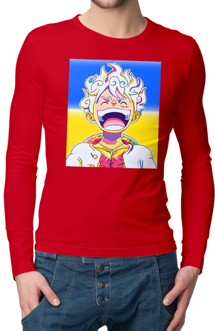 Монкі д Луффі сміється на жовто блактному фоні