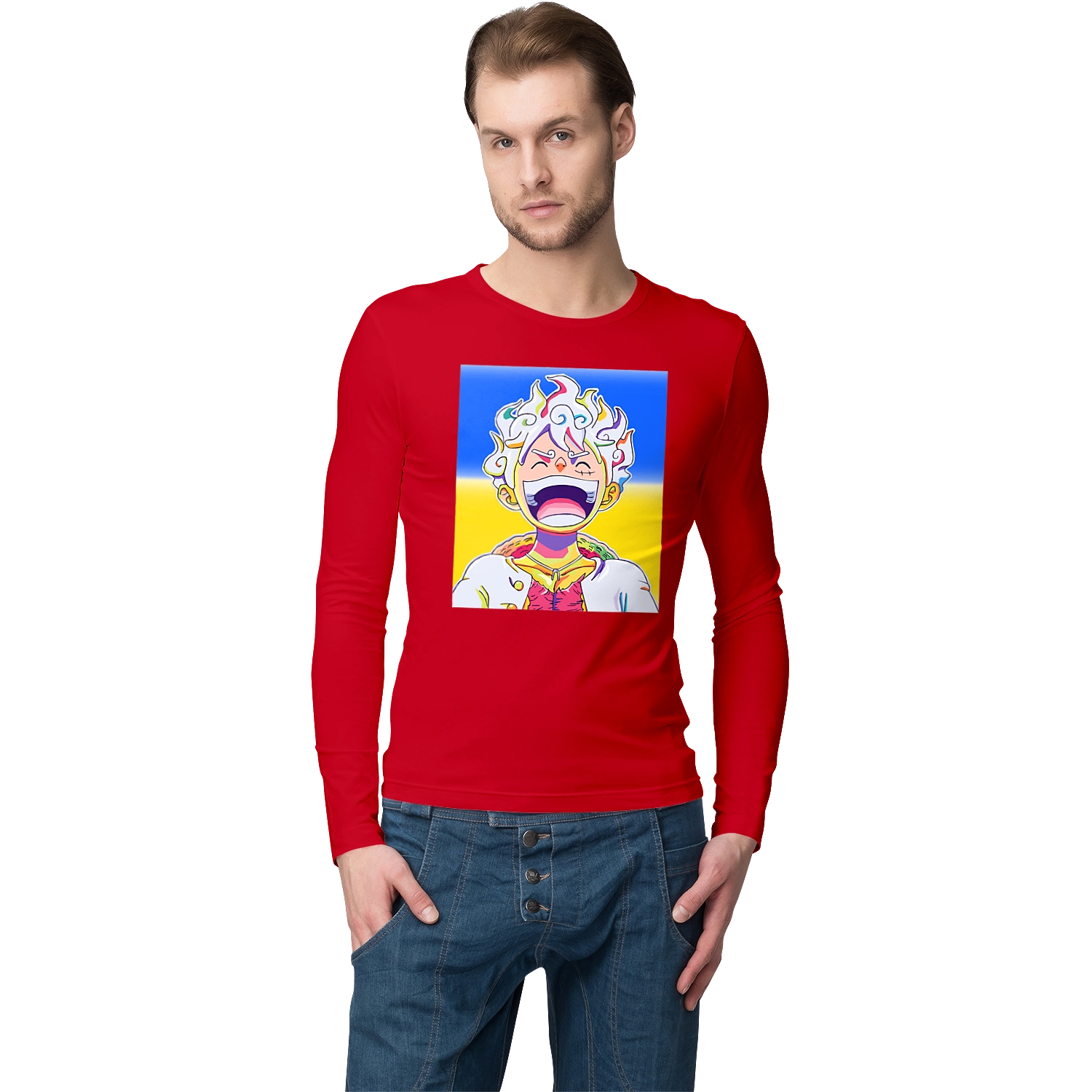 Монкі д Луффі сміється на жовто блактному фоні