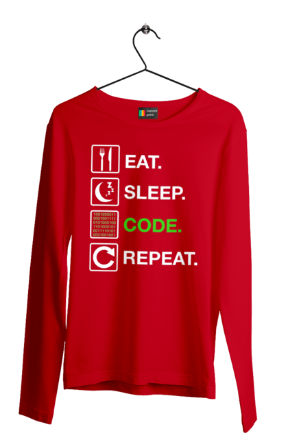 Чоловічий лонгслів з принтом "Їж Cпи Кодуй Повторюй". Айті, айтішник, для айтішника, для програміста, їж спи, кодуй повторюй, подарунок айтішнику, подарунок програмісту, програміст, розробник. 2070702