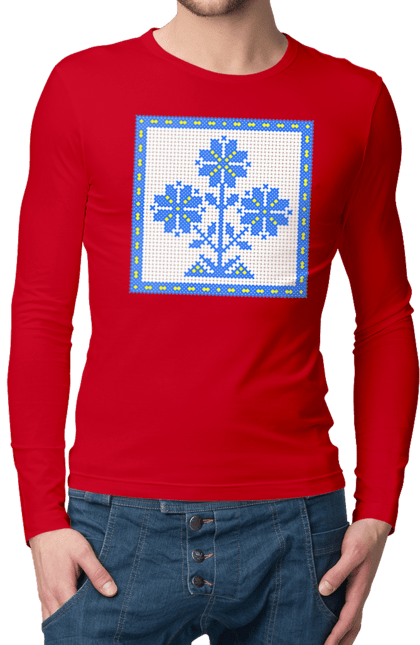 Чоловічий лонгслів з принтом "Жовто блакитна вишивка квіти". Вишивка, вишивка хрестиком, квіти, символ україни, традиції україни, україна. 2070702