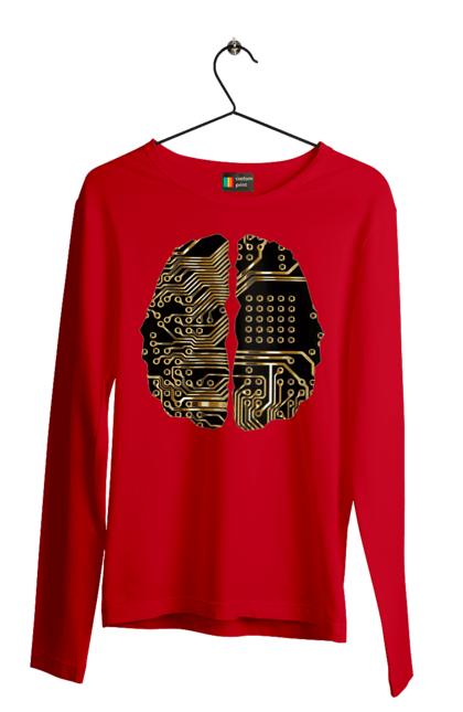 Чоловічий лонгслів з принтом "Мозок Айті". Айті, айтішник, гик, знання, золотий, золото, інженер, кібер, кібернетика, кіборг, код, комп, кристал, мікросхема, мозок, програміст, професіонал, професія, розробник, розум, чіп. 2070702