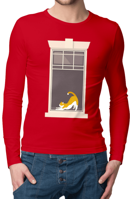 Чоловічий лонгслів з принтом "Кіт В Вікні". Вікно, кіт, потягушки, рудий. 2070702