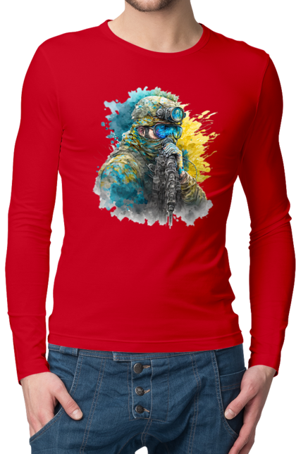 Чоловічий лонгслів з принтом "Снайпер ЗСУ". Армія, зсу, прапор україни, символи україни, снайпер, солдат, україна. 2070702