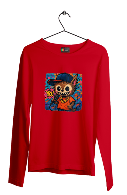 Чоловічий лонгслів з принтом "Лабубу". Бейсболка, вуличне мистецтво, графіті, золотийланцюг, лабубу, мікрофон, міський стиль, репатмосфера, хіпхоп, яскраво. 2070702