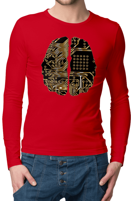 Чоловічий лонгслів з принтом "Мозок Айті". Айті, айтішник, гик, знання, золотий, золото, інженер, кібер, кібернетика, кіборг, код, комп, кристал, мікросхема, мозок, програміст, професіонал, професія, розробник, розум, чіп. 2070702