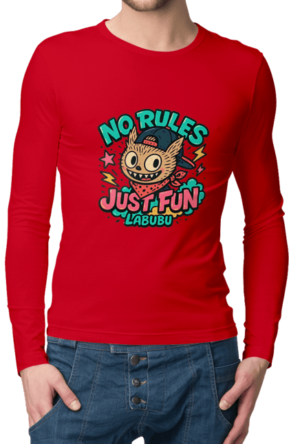 Чоловічий лонгслів з принтом "Лабубу". Norulesjustfun, y2k, бандана, вуличний стиль, грайливий, графіті, зухвалий, лабубу, ретромультяшка, яскраво. 2070702