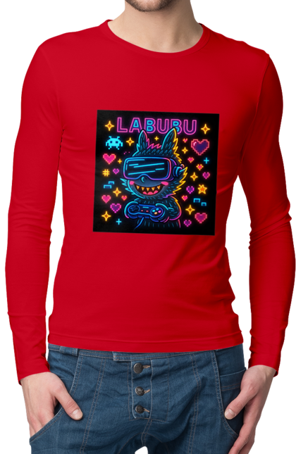 Чоловічий лонгслів з принтом "Лабубу". Vrочки, геймеркультура, геймпад, іконкиаркади, кіберарт, лабубу, неонгеймінг, піксельарт, ретроаркада, світиться. 2070702