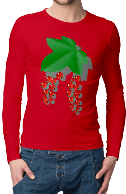 Чоловічий лонгслів з принтом "Порічки Червоні". Делікатес, зріла, їжа, листя, літо, порічки, порічки червоні, смачно, смородина, стигла, урожай, червона, червона смородина, ягідка, ягода, ягоди. 2070702