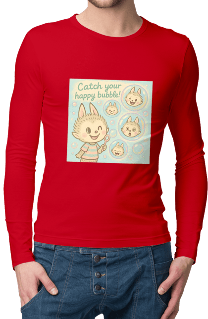 Чоловічий лонгслів з принтом "Лабубу". Бульбашки, грайливо, каваї, казково, лабубу, милаілюстрація, ніжнікольори, пастельнамистецтво, щасливі бульбашки. 2070702