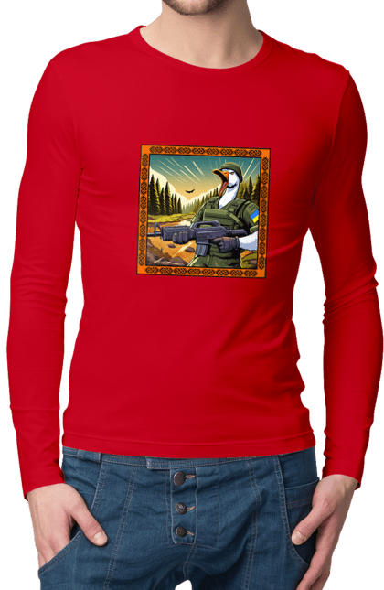 Men`s longsleeve with prints Goose landing. Armed forces, biological weapons, fighting geese, flag, goose landing, military goose, symbolics, ukraine. 2070702