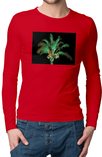 Чоловічий лонгслів з принтом "Фінікова Пальма Вночі". Берег, відпочинок, відпустка, зелений, море, ніч, оазис, океан, острів, пальма, південь, подорож, пригоди, тропіки, фінікова, чорне. 2070702