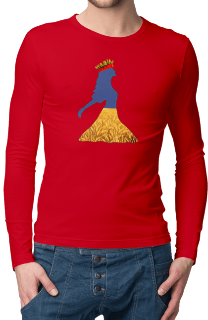 Чоловічий лонгслів з принтом "Україна". Вінок, дівчина, дівчинка, жовтий синій, жовто-блакитне, маки, національні кольори, небо, пшеничне поле. 2070702