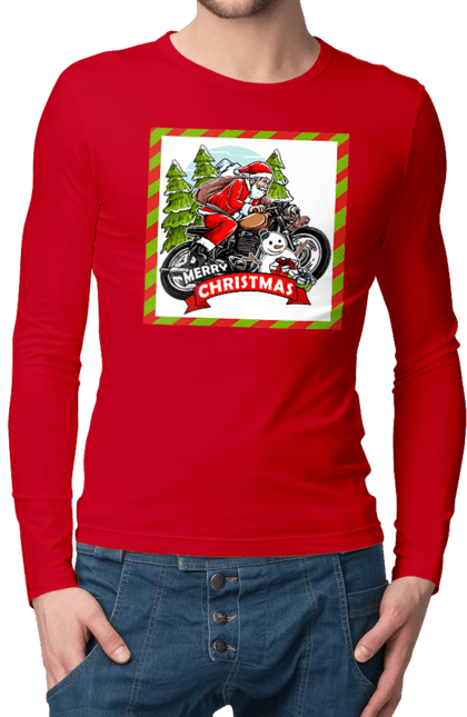 Men`s longsleeve with prints Santa on a motorcycle. Christmas, motorcycle, new year, presents, santa, snowman, tree. 2070702