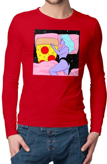 Чоловічий лонгслів з принтом "Фіолетова Дівчина І Піца". Дівчина, ліжко, піца. 2070702