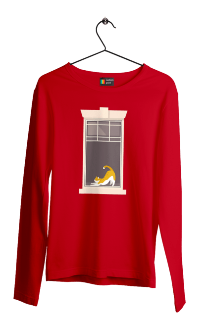 Чоловічий лонгслів з принтом "Кіт В Вікні". Вікно, кіт, потягушки, рудий. 2070702