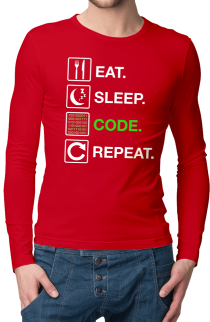 Чоловічий лонгслів з принтом "Їж Cпи Кодуй Повторюй". Айті, айтішник, для айтішника, для програміста, їж спи, кодуй повторюй, подарунок айтішнику, подарунок програмісту, програміст, розробник. 2070702