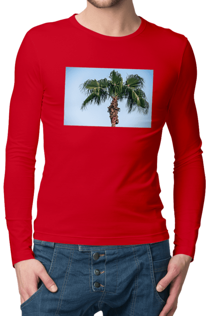 Чоловічий лонгслів з принтом "Пальма на тлі неба". Берег, блакитне, відпочинок, відпустку, єгипет, зелений, зелені, лист, листя, море, небо, оазис, океан, острів, пальма, південь, подорож, пригоди, тропіки, туреччина. 2070702