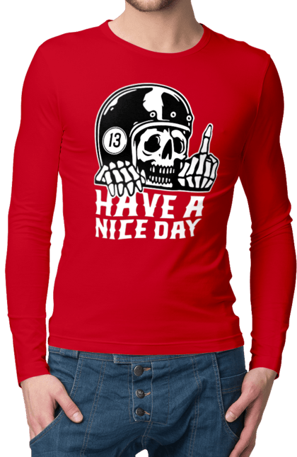 Чоловічий лонгслів з принтом "Гарного дня". Байкерська, гарного дня, з черепом, тринадцять, фак, череп. 2070702