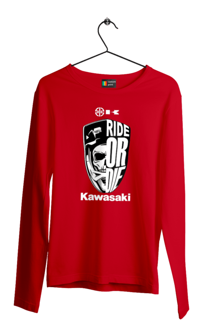 Мужской лонгслив с принтом Kawasaki. Kawasaki, ride or die, бренд, мотоцикл, спорт, череп. 2070702